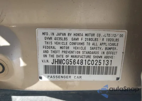 2001 Honda Accord 2.3 Lx из США, поврежденный, VIN JHMCG56481C025131